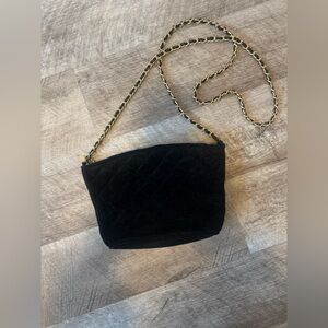 Indeed! Velvet feel quilted black shoulder bag w woven black/gold chain strap